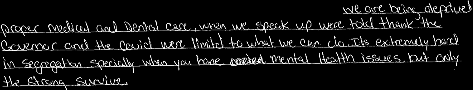 We are being deprived proper medical and dental care, when we speak up were told thank the govenor and the covid were limited to what we can do. Its extremely hard in segregation specially when you have mental health issues. But only the strong survive.