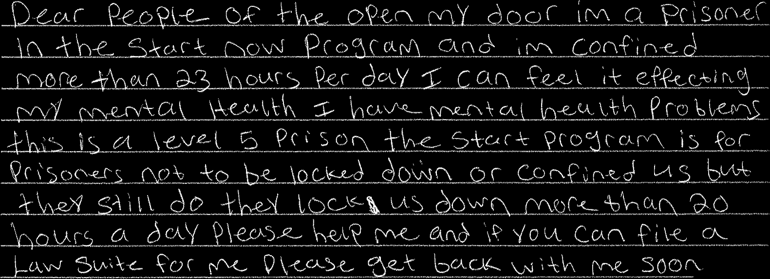 Dear people of the open my door im a prisoner in the start now program and im confined more than 23 hours per day I can feel it effecting my mental health I have mental health problems